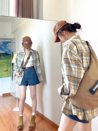 Womens Retro Long-Sleeve Plaid Shirt Top