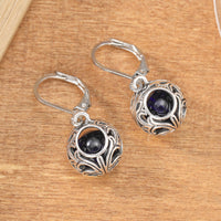 Vintage Engraving Hollow Blue Gemstone Pendant Earrings