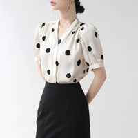 French-style Retro Polka-Dot V-Neck Short-Sleeve Womens Shirt