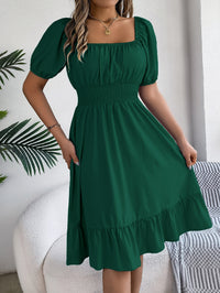 Women's Casual Square Neck Short Sleeve Tie Waist Ruffle A-Line Dress