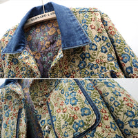 Retro Jacquard Stitching Long Sleeve Denim Coat Women's Clothing