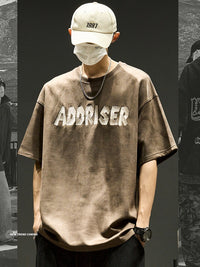 High-Street Embroidered Letter Crewneck Suede-Fleece Short Sleeve