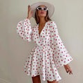 New Strawberry-Print V-Neck Lantern-Sleeve Dress