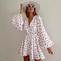 New Strawberry-Print V-Neck Lantern-Sleeve Dress