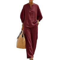Women's Solid Color Shirt And Pants Set
