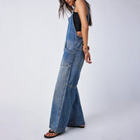 Pocket Sling Adjustable Strap Wide-leg Overalls Denim Jumpsuit