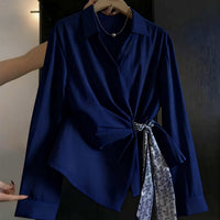 Womens Autumn Long-Sleeve Shirt With A Diagonal-Placket Silk Scarf Tie