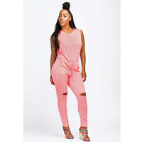 Fashion Casual Zipper Drawstring Digging Knee Broken Wind One-piece Skinny Trousers Jumpsuit Women