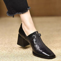 Womens Leather Belt-buckle Shoes With A Square