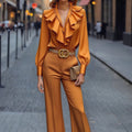 Elegant Polyester Patchwork Long-Sleeve Top And Pants Set