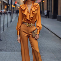 Elegant Polyester Patchwork Long-Sleeve Top And Pants Set