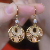 Light Luxury Champagne Cat's Eye Hollow Mesh Circle Drop Earrings, Elegant Zircon Ear Cuffs, Niche Design