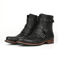 Mens Minimalist Vintage Metal-buckle Side-zip Low-heeled Denim Boots
