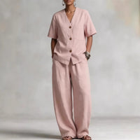Summer Linen Solid-color Collarless Short-sleeve Top And Casual Wide-leg Pants