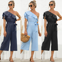 Women's Summer Oblique Shoulder Ruffle Striped Jumpsuit