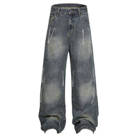 Washed Distressed Embroidery Tassel Jeans Wide-leg Straight Trousers