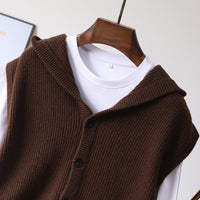 Hooded Cardigan Men's Waistcoat Pure Wool Sleeveless Knitted