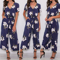 V-neck belted short sleeve jumpsuit