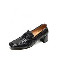 Womens Solid-Color Mid-Heel Retro Commuter Leather Square-Toe Pumps