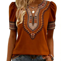New Printed V-neck Puffed Short-sleeve Casual Fashion Top