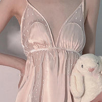 Polka-dot Sling Mesh Gauze Nightdress With Big Bow
