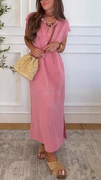 Womens Summer Rib-Knit Henry-Neck Short-Sleeve Extra-Long Slit Dress