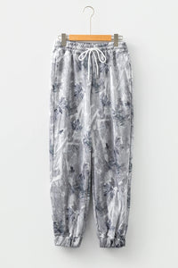 Gray Camouflage Printing Comfortable Drawstring Elastic Waist Ankle Banded Pants