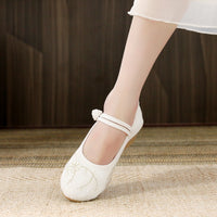 Short Heel Embroidery Frog Button 5CM Round Toe High Heels