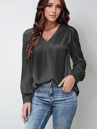 Satin Pleated Long-sleeved Top V-neck Casual Loose Shirt