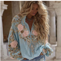 Loose, Plus-size Long-sleeve Slimming Blouse With A Stylish  Artistic Vibe