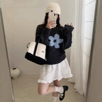 Early Autumn Versatile Casual Floral Round Neck Knitted Long Sleeve Top