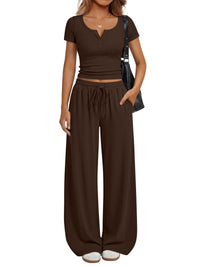 Women's Loungewear Short-Sleeve Top And Wide-Leg Pants Set