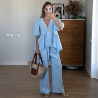 Womens Vacation Short-Sleeve T-Shirt And Straight-Leg Pants Set