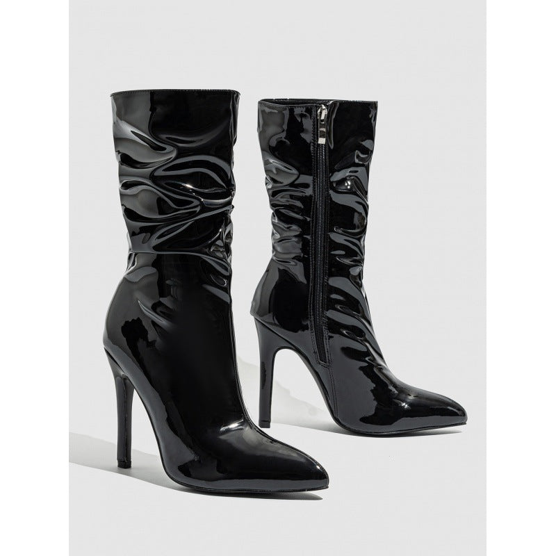 Patent Leather High Heel Pointed Stiletto Heel Pile Style Boots