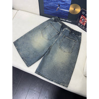 Washed Wrinkle-Effect Denim Shorts Mens Casual Mid-Length Pants