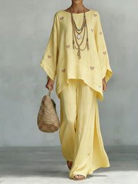 Women's Floral Print Linen Wide-Leg Two-Piece Set