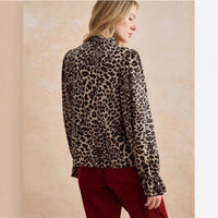 New Womens Casual Leopard-print Stand-collar Long-sleeve Cardigan Shirt