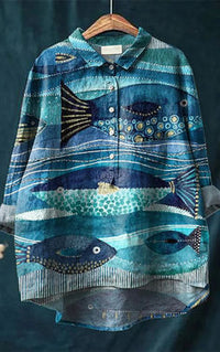 Women's Retro Fish Art Print Lapel Long Sleeve Shirt