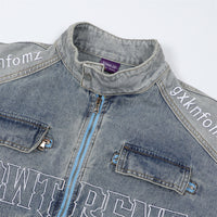 Men's Stitching Embroidered Letters Washed And Worn Zipper Denim Coat Fashion