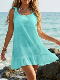 Womens Solid-Colored Ruffle-Trimmed Patchwork Lace-Up Dress