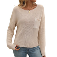 Women's Round Neck Pocket Decorative Top Long Sleeve Sweater