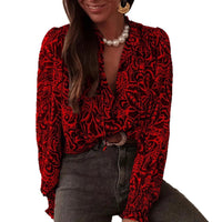 Retro Print Long Sleeve Shirred Loose Shirt For Women