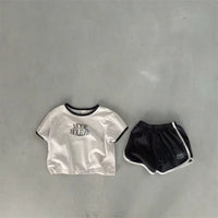 Korean Style Double Row English Pattern Solid Color Suit Short Sleeve Shorts Round Neck 2-piece Set
