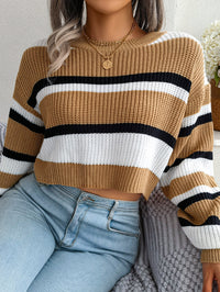 Casual Striped Long Sleeve Cropped Knit Sweater