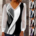 V-neck Loose Print Hollow-out Lace Tops