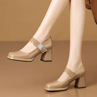 French-style Round-toe Low-cut Burgundy Mary Jane High Heels