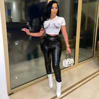 Skinny Pleated Pu Leather Pants Trousers