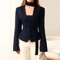 Womens Fashionable Scarf-Trimmed Casual Blazer With Double-Breasted Buttons