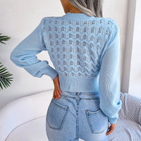 Women Street Style Solid Color Hollow Stripe Lantern Sleeve Cropped Sweater