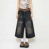 Women's American-style Retro Loose Cropped Denim Wide-leg Pants